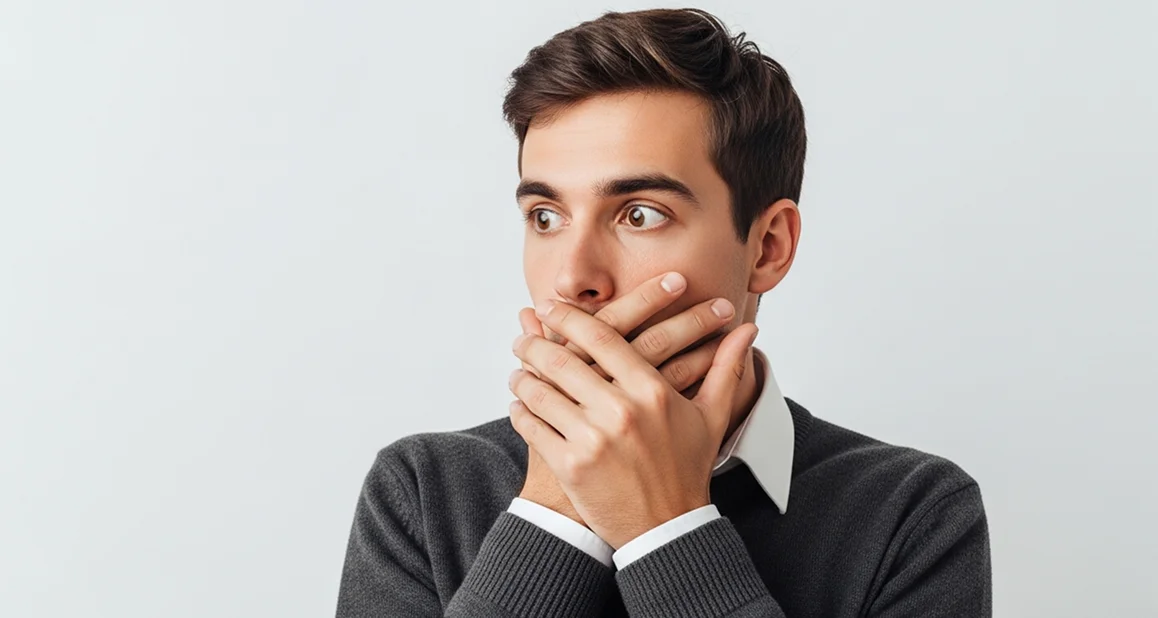 Мужчина закрывает рот руками
